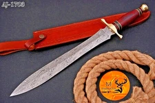 CUSTOM HANDMADE FORGED DAMASCUS STEEL DOUBLE EDGE BLADE SWORD W/ WOOD HANDL 1703