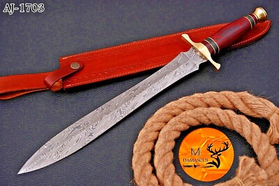 CUSTOM HANDMADE FORGED DAMASCUS STEEL DOUBLE EDGE BLADE SWORD W/ WOOD HANDL 1703