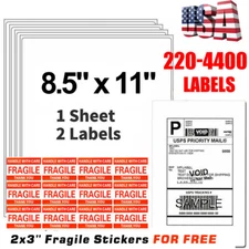 Shipping Labels 2 Per Sheet 8.5 x 5.5" Half Sheets Blank Self Adhesive 220-4400