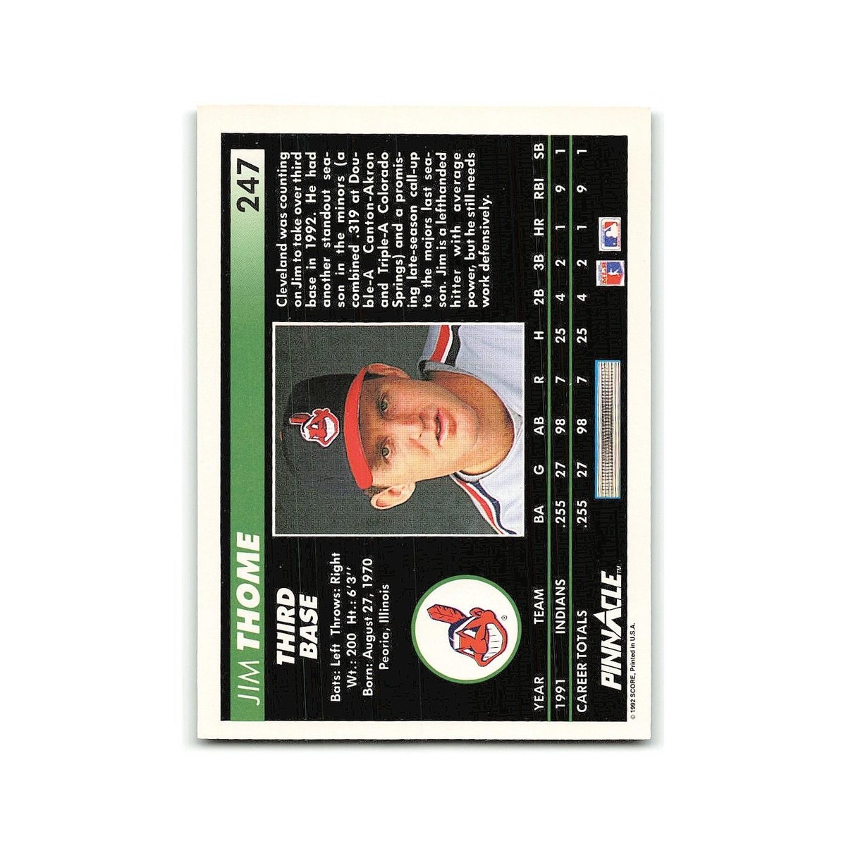 Jim Thome Rookie 1992 Pinnacle #247 Cleveland Indians Baseball