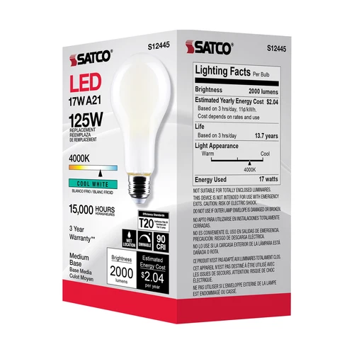 Satco S12445 LED 120 Volt 17W =125W A21 Medium E26 Dimmable 4000K Cool White - Picture 10 of 12