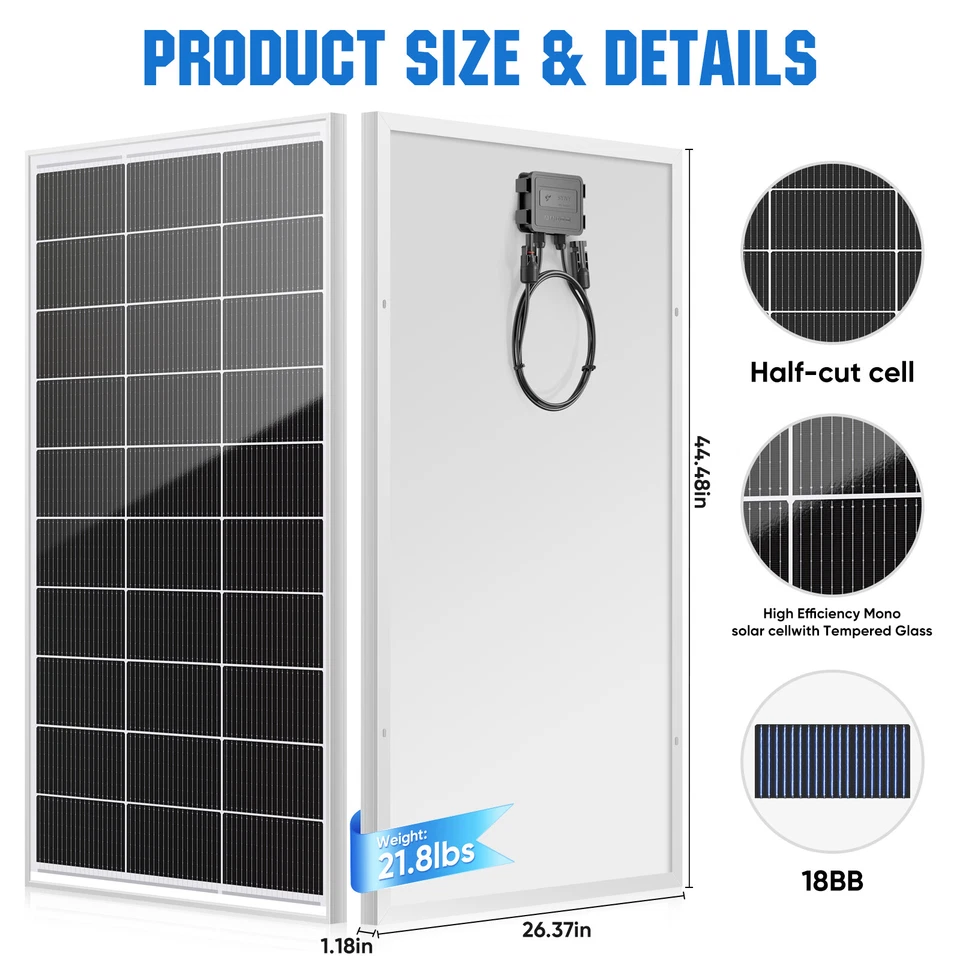 200W 400W 800W 1000W Mono Solar Panel 12V Off-Grid Camping Battery Home RV - Image 2 of 4