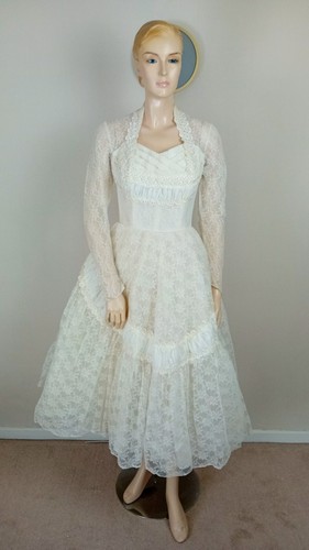 VESTIDO DE NOVIA FALDA COMPLETA VINTAGE AÑOS 50 MARFIL BLANCO ENCAJE BORDADO LONGITUD MEDIA 8 - Imagen 2 de 11