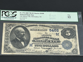 1882 $5 National Bank Note Milwaukee Wisconsin Blue Seal PCGS F 12 US Bill