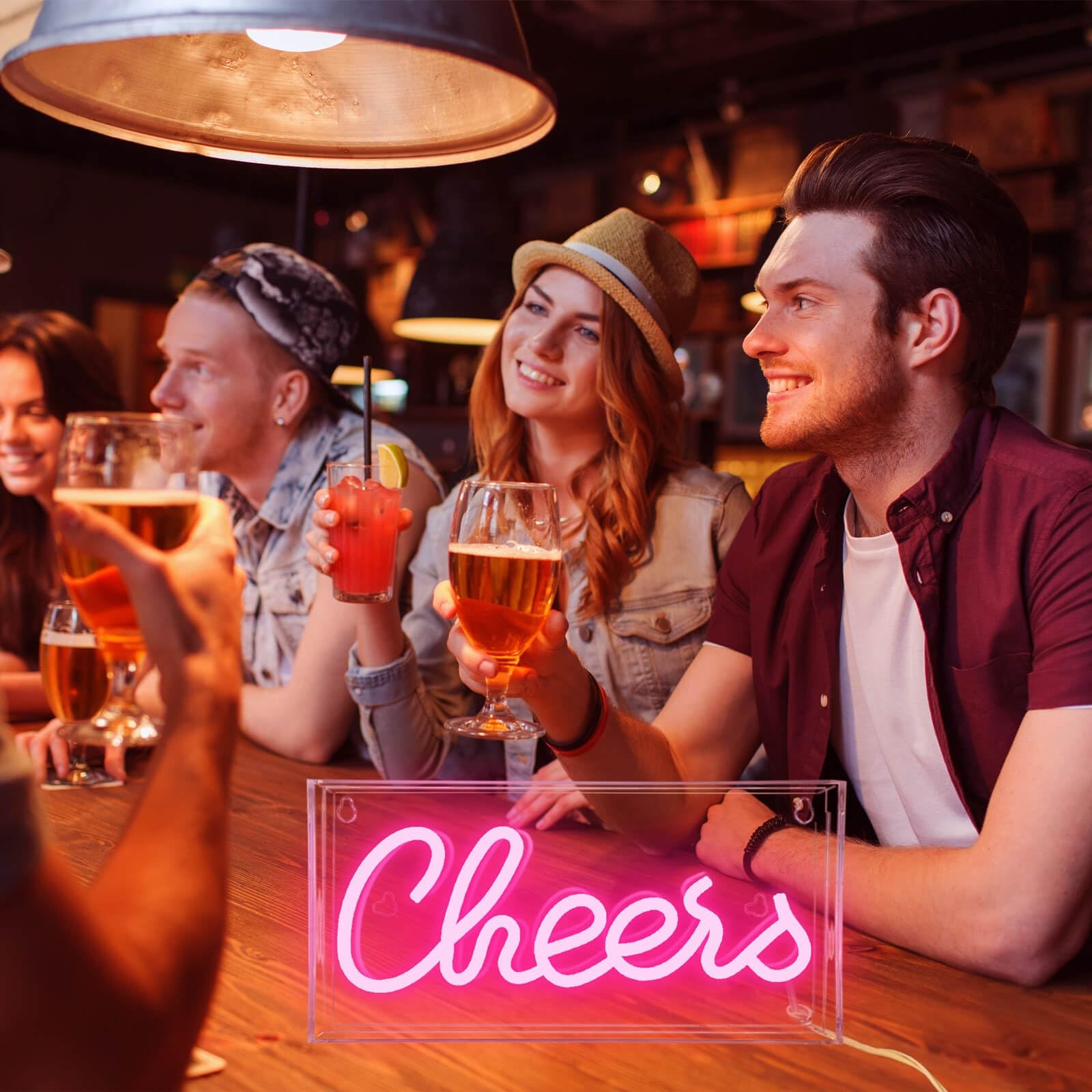 Cheers LED Sign for Decorations, Pink Cheers Light up Sign for Table, USB Bar...