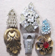 GORGEOUS EARLY VINTAGE DRESS OR SCARF CLIP LOT  6 PASTE RHINESTONE METAL  2.5"