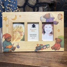Fetco Wood Handcrafted Picture Frame Child Style Teddy Bear Scenes 2 Photos 1995