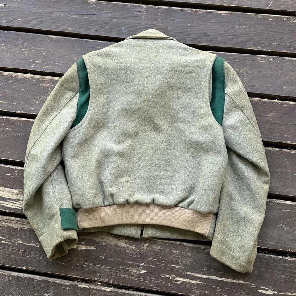 Chaqueta Universitaria De Lana Años 50 De Colección Talla M Verde Gris Hecha en EE. UU. Cremallera Garra Foto 2 de 4