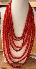 Vintage 8 Strand Cherry Red Art Glass Bead Necklace Heavy Statement Gold Tone