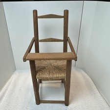Vintage Wood Handmade 12" Doll Highchair Woven Rush Seat Rustic Primitive Style