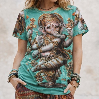 T Shirt Ganesh Baumwolle Goa Top Indien Hippie Psy Trance Gr. M  Grün 