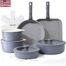 17pc Nonstick Ceramic Cookware Set Stackable Pans Removable Handle Safe New