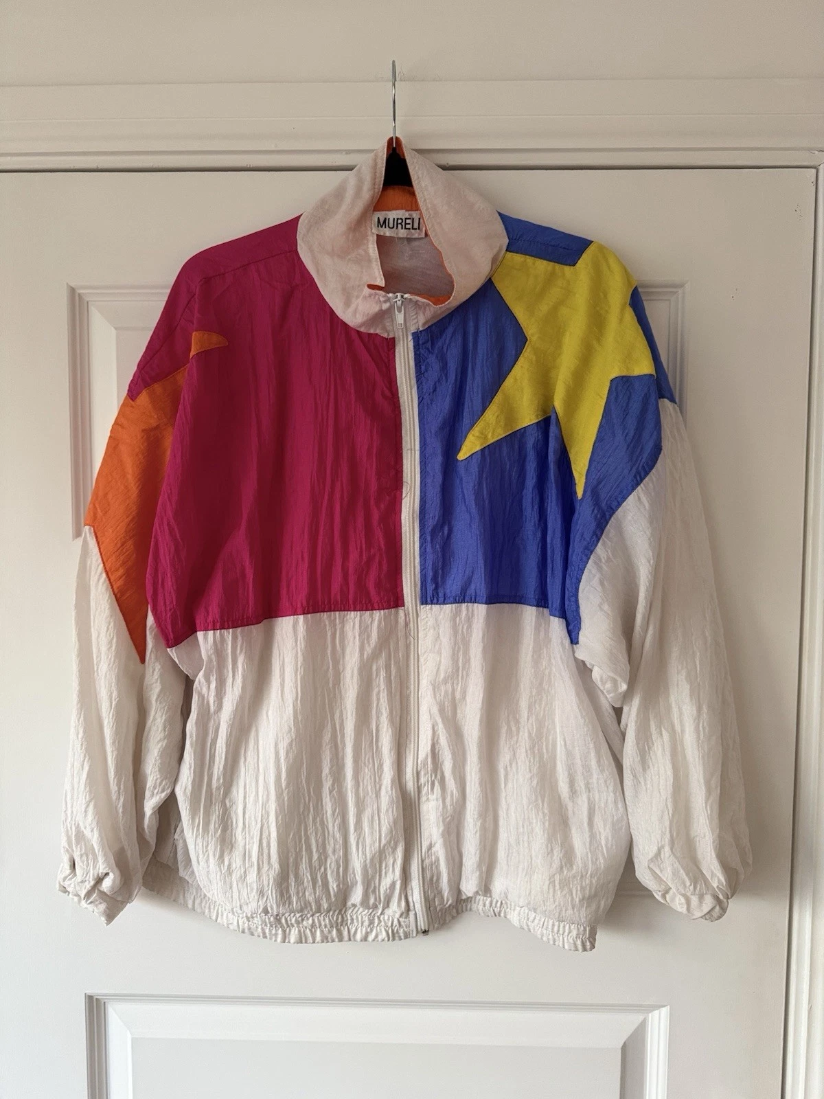 MURELI White Colorblock Windbreaker Jacket 80s 90s Retro Nylon Zip Up Unisex XL