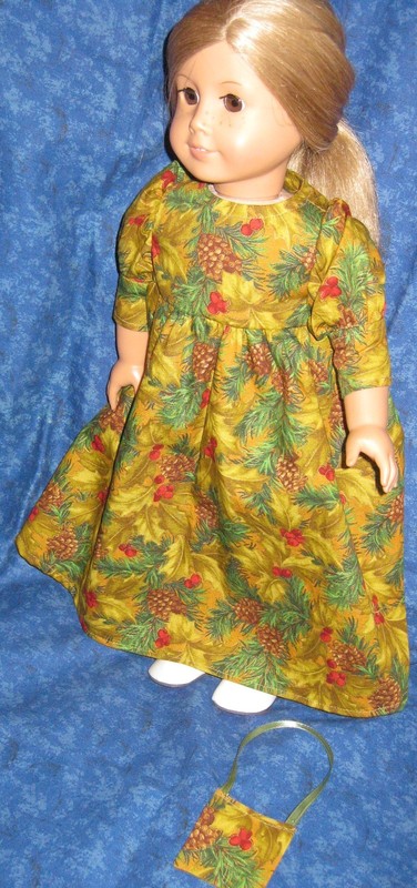 Colonial Style Christmas Gown and Bag- Pine Print -Fits 18 " Dolls like Felicity