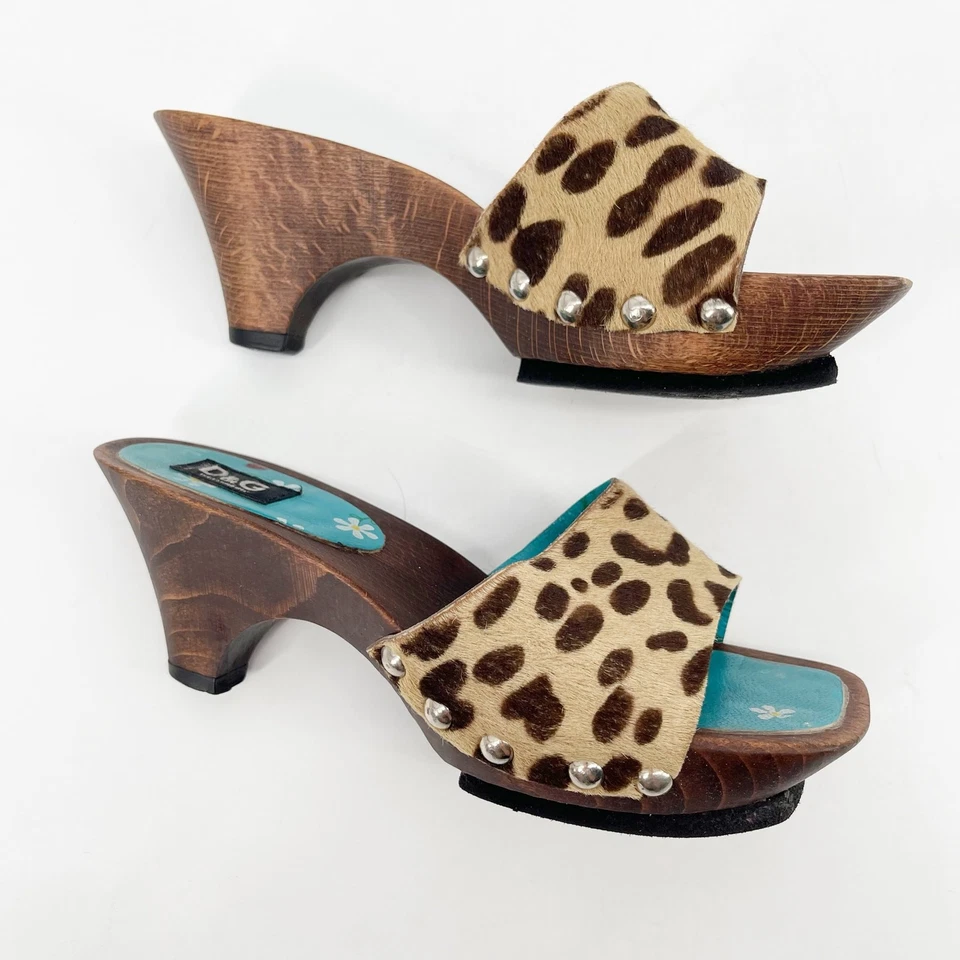 Sandalias zueco de madera Dolce & Gabbana vintage pelo de becerro de leopardo talla 7 Foto 3 de 4