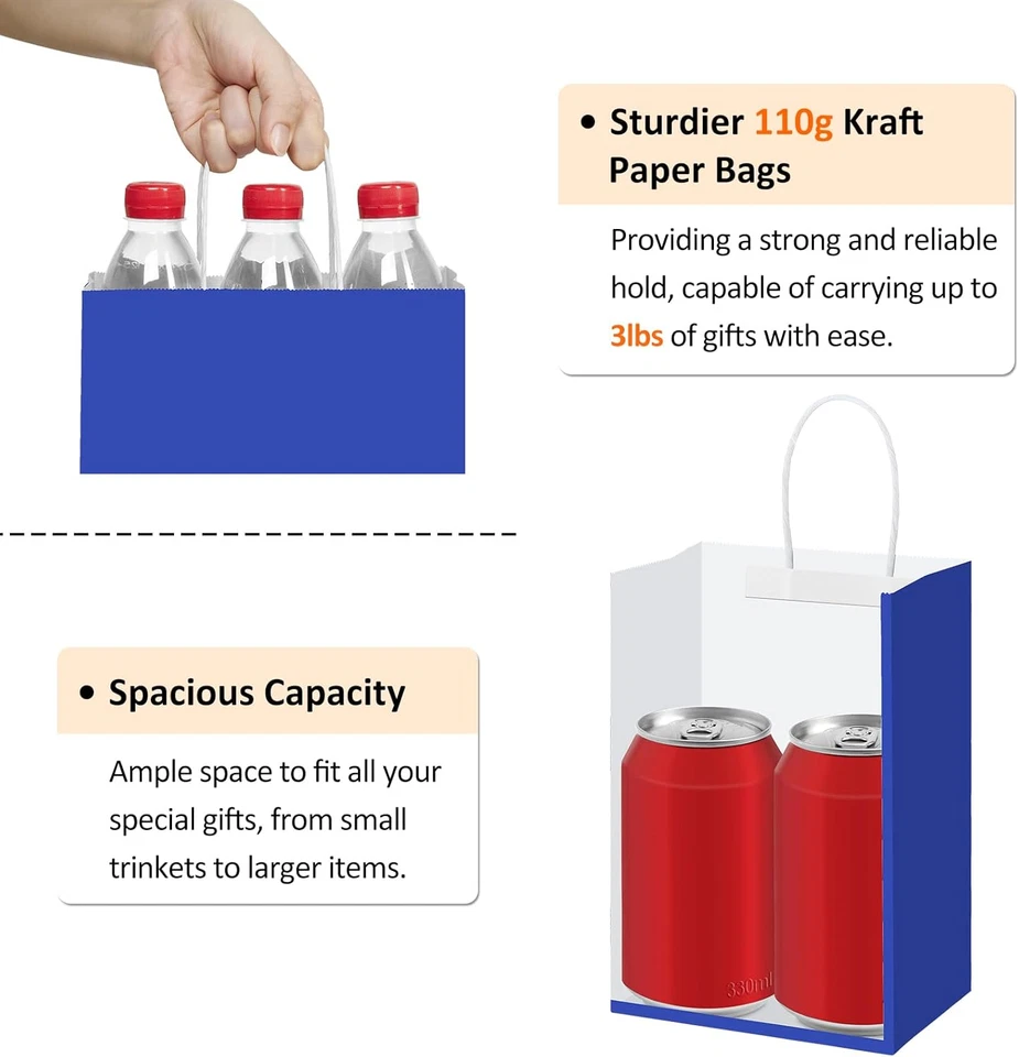 Bolsas de regalo pequeñas de 5,25X3X8 pulgadas 100 piezas con asas bolsas de papel Kraft azul real Bu Foto 4 de 4