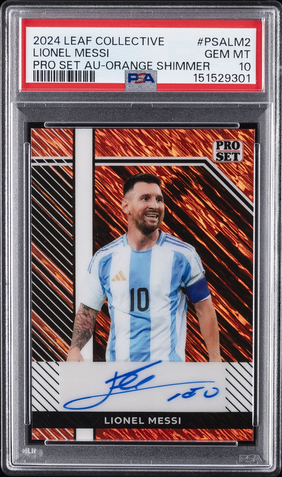 2024 LEAF COLLECTIVE PRO SET AUTOS ORANGE SHIMMER LIONEL MESSI 4/8 PSA 10