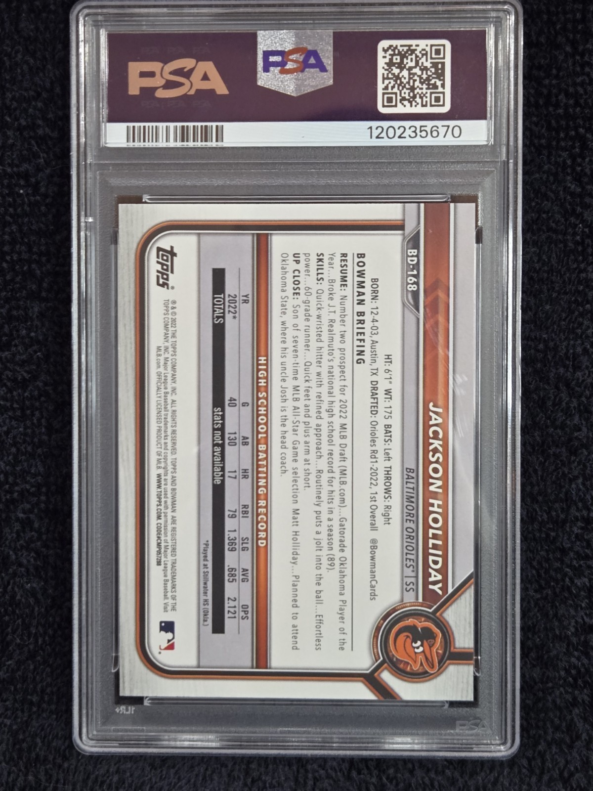 2022 Bowman Draft Jackson Holliday PSA 10 1st Bowman #BD-168 (RC) view 2