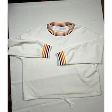 Aldi Gear White Pullover Sweatshirt Drawstring Hem Striped Collar & Cuffs Large