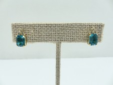 14 K Gold Emerald Cut Blue Topaz And Cubic Zirconia Post Back Earrings
