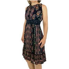 Bila India Gauze Sleeveless Crinkle Floral Rayon Dress Size L Boho Festival 