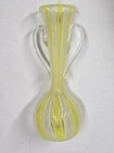Vtg '50s Murano Yellow White Latticino Glass Bud Vase Double Clear Handles 7.5in