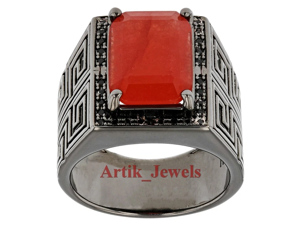 Piedra preciosa de ónix rojo natural con anillo de plata enchapado en rodio negro para hombre #917 Foto 4 de 4