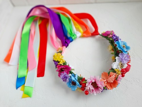 Ukrainian Girl Wreath Flower Floral Headdress Vinok rainbow - Picture 8 of 12