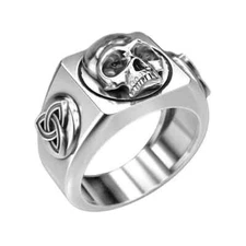 Handmade Skull With Celtic Shield Knot Men's Signet Ring In 935 Argentium Silver