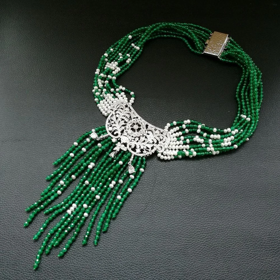 Collar colgante de perlas blancas cultivadas de agua dulce de jade verde de 19" 9 hebras circonita cúbica Foto 4 de 4