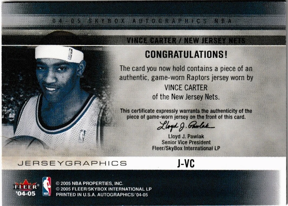2004-05 Skybox Autographics Jerseygraphics Blue Vince Carter #J-VC HOF - Image 2 of 2