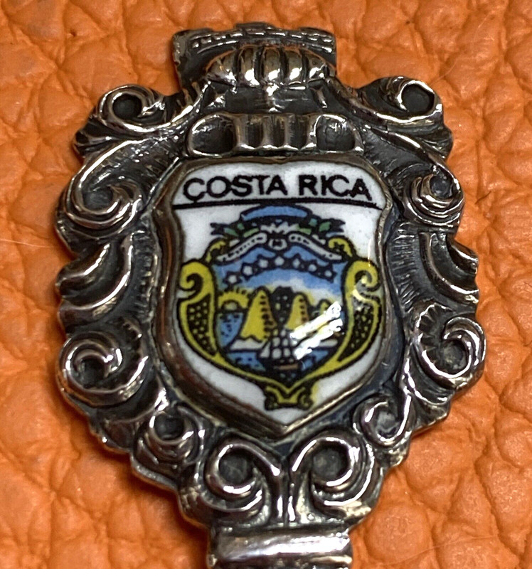 Costa Rica Enamel Coat of Arms Scalloped Bowl 4.75" Silver Souvenir Spoon