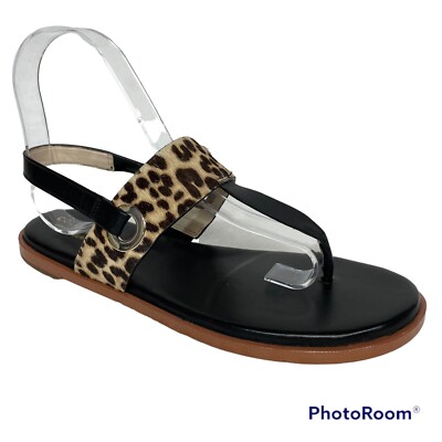 Cole Haan Women s 6.5 Anera Leather T-Strap Thong Flat Leopard Fur Sandals NEW