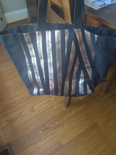Victoria's Secret Bombshell Seduction Rose Gold Ribbon Black Tote Bag Stripe