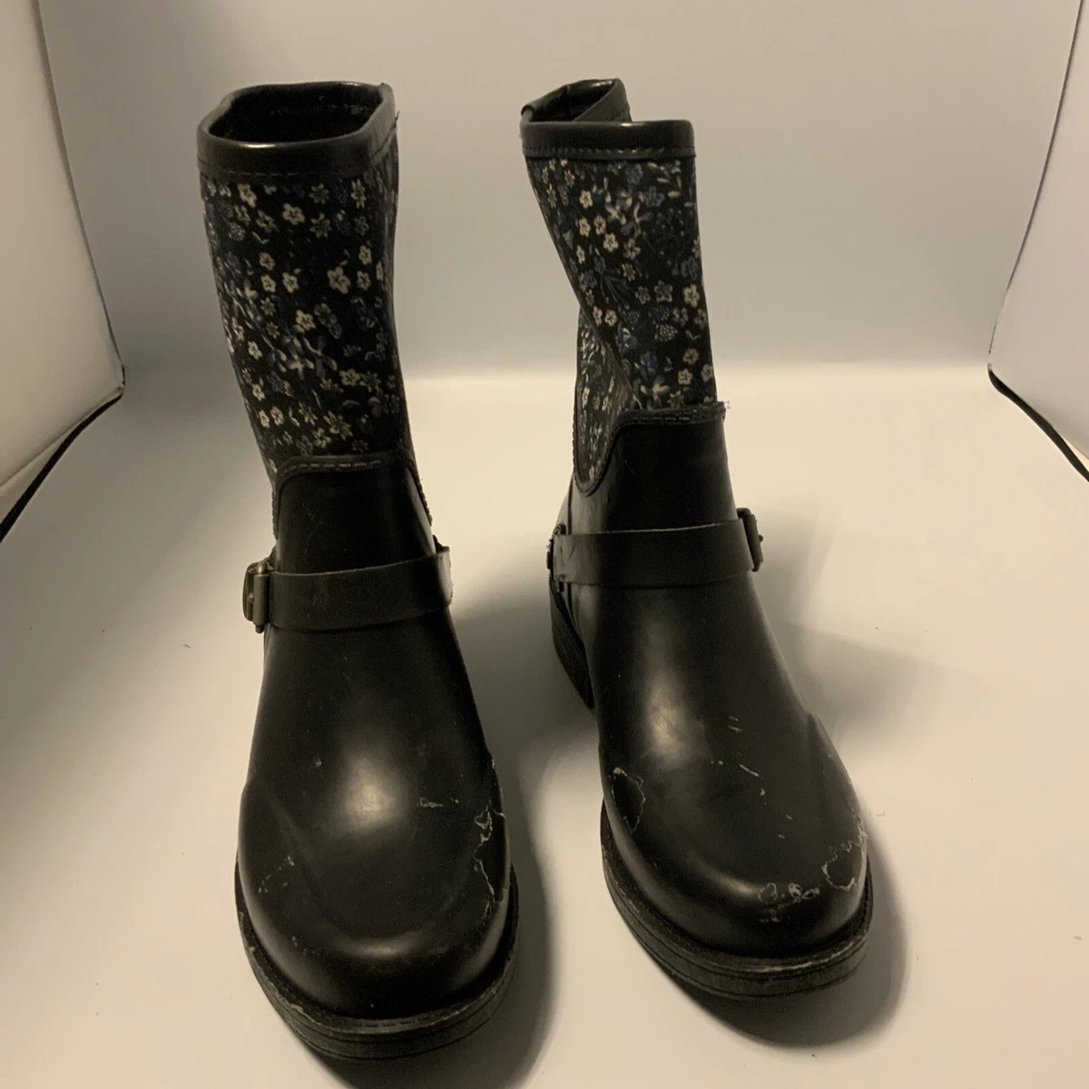 UGG Wellies Size UK 6.5 Black Navy Blue Floral Waterproof Boots Ladies