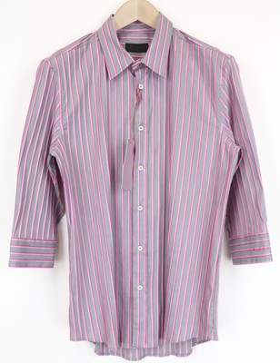Richmond Herren Shirt 48 Baumwolle Stretch Grau Rosa Gestreift 3/4 Ärmel