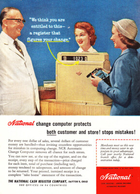 1956 National Cash Register: National Change Computer Protects Vintage Print Ad