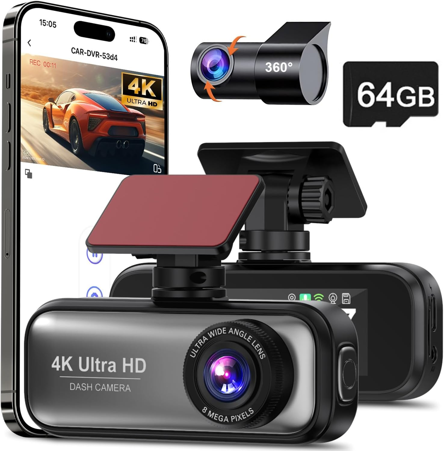 4K Wifi Dash Cam Front and Rear, 2160P+1080P Dual Lens Dash Camera for Cars, 1.9