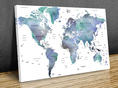 classic world map countries capitals watercolour texture mounted canvas print