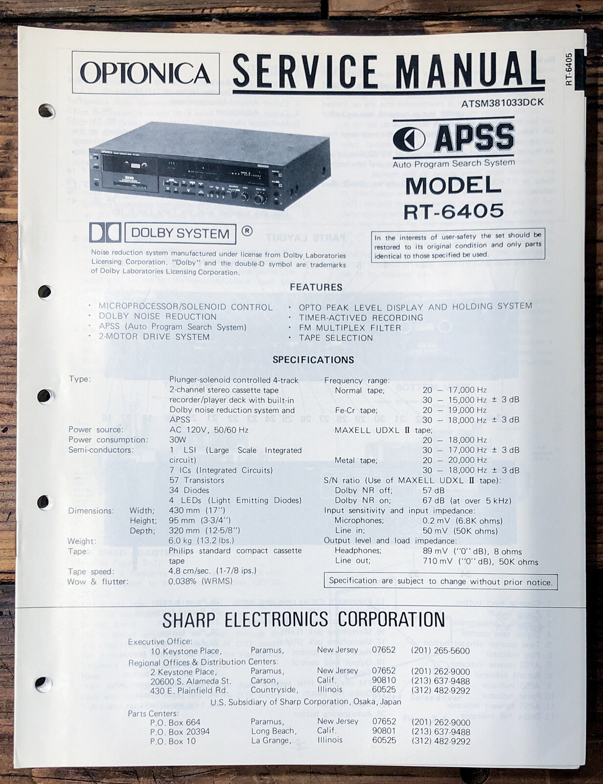 Sharp / Optonica RT-6405 Cassette  Service Manual *Original*