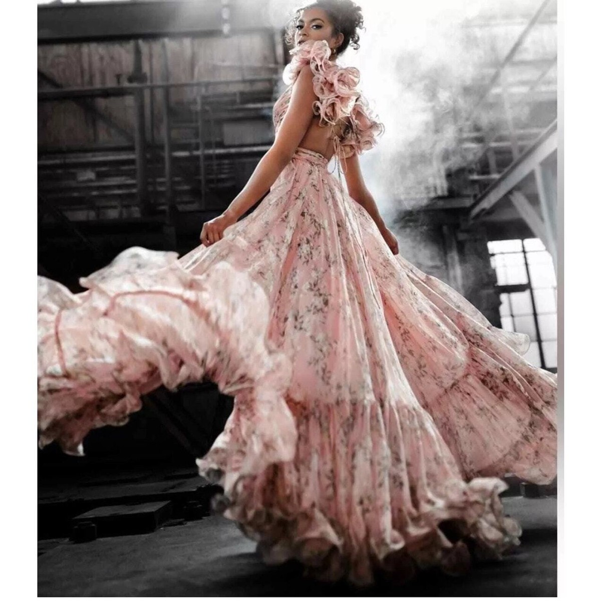 Mac Duggal Ruffle Tiered Floral Cut-Out Chiffon Gown Pink