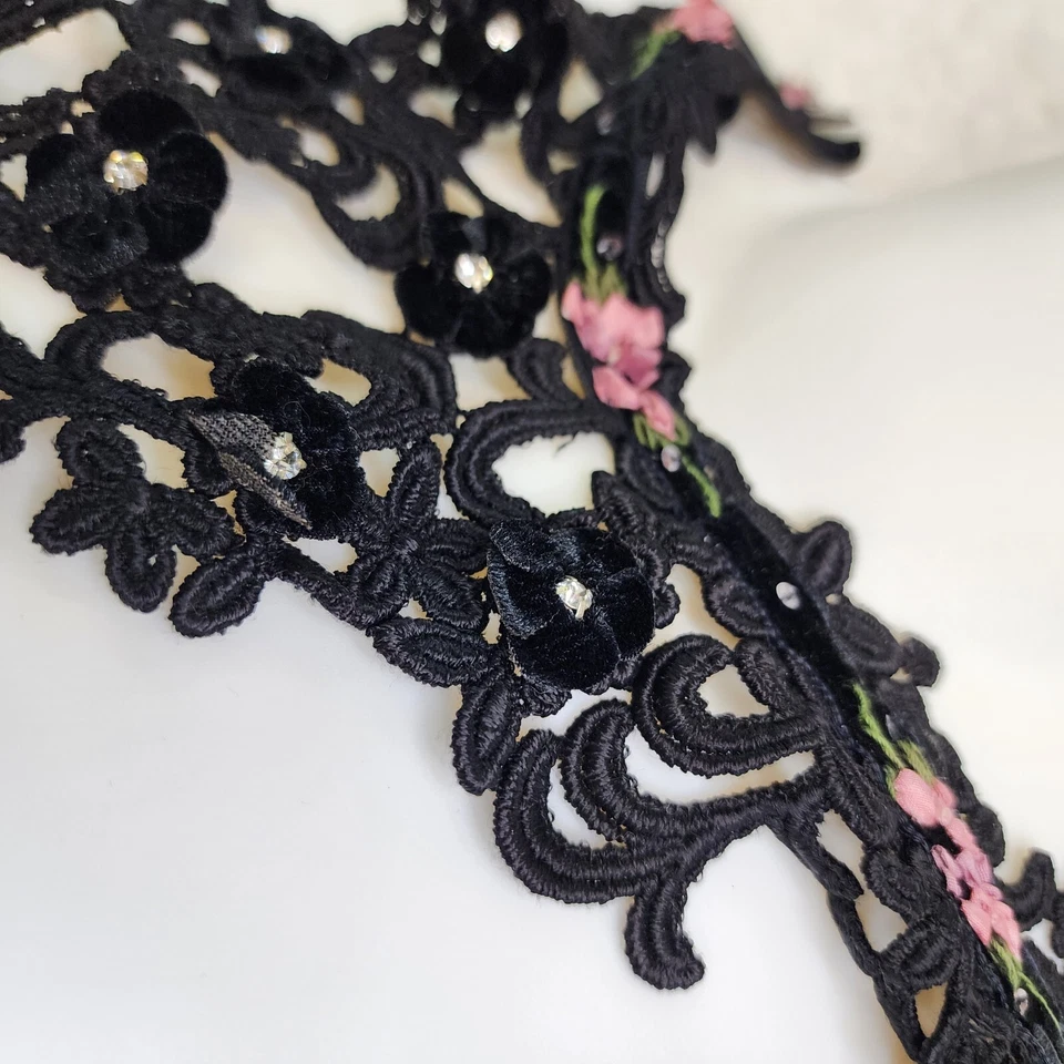 Cinta de cuello negro de encaje victoriano vintage floral terciopelo pedrería gótico caprichoso Foto 3 de 4