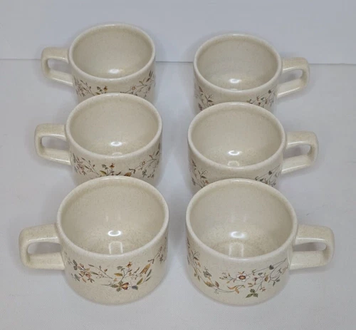 6pc Vtg Temper-Ware Lenox Merriment Flat Cups Coffee Beige Floral Cottagecore