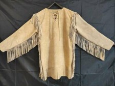 Men Native American Western Style Mountain Man Suede Leather Fringed War Shirt