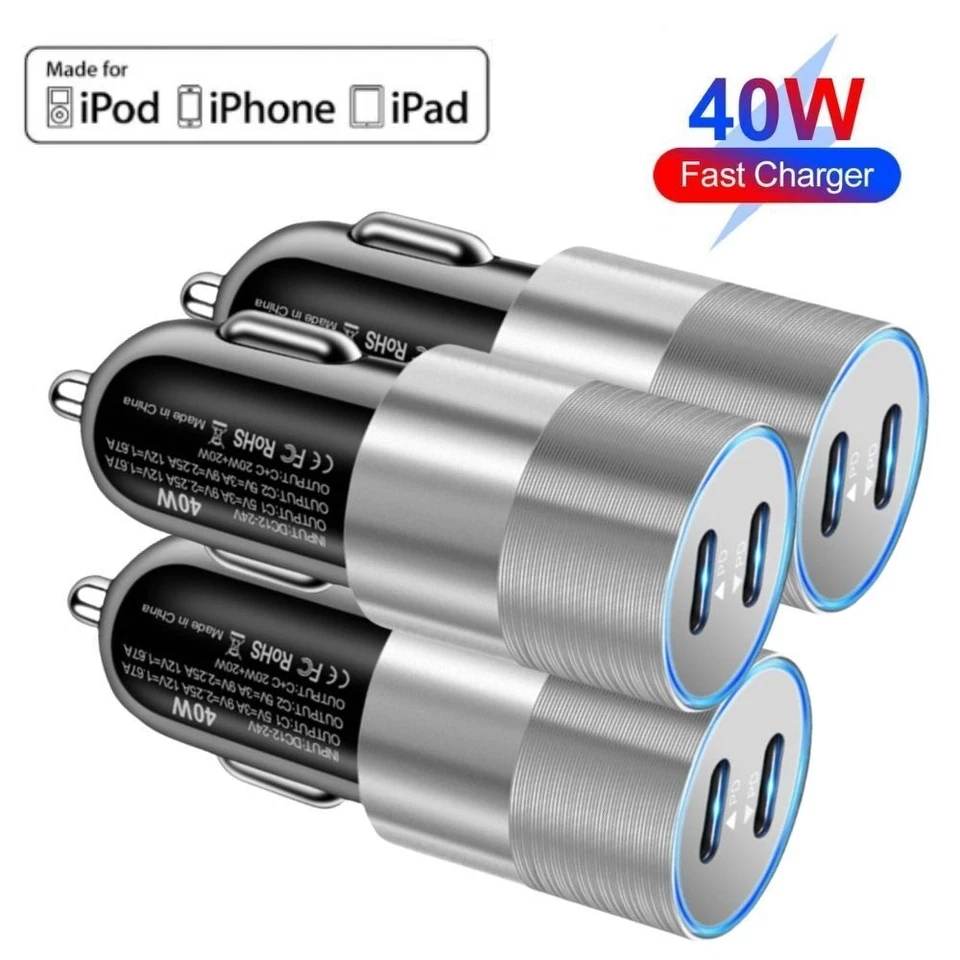 LOTE Adaptador Cargador Coche Rápido Para iPhone iPad Android Samsung 40W Doble USB Tipo-C Foto 2 de 4