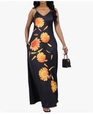 Summer Maxi Dress Sleeveless Plus Size Loose Long With Pockets Sunflowers L