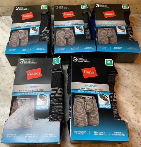 5 Packs HANES Tagless LONG LEG Boxer Briefs Underwear 15 Total X Temp Support XL