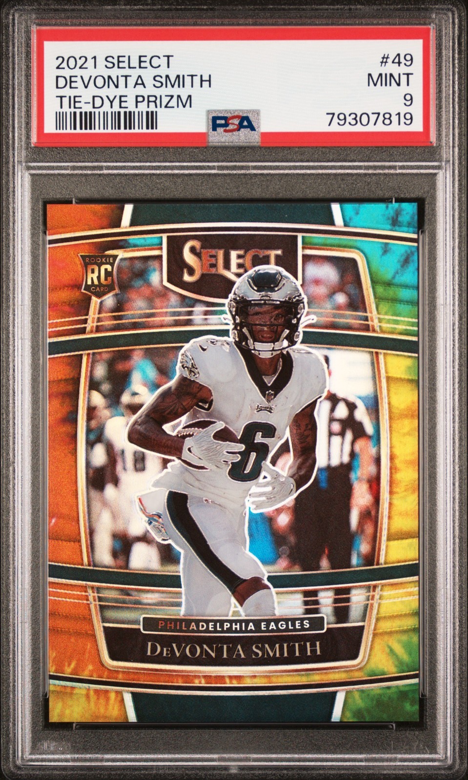 2021 PANINI SELECT DEVONTA SMITH TIE-DYE PRIZM /25 CONCOURSE #49 RC PSA 9 EAGLES