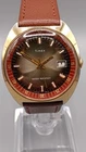 Vintage 1970s Timex Manual Wind Great Britain Date Fume Dial Gold Tone Running