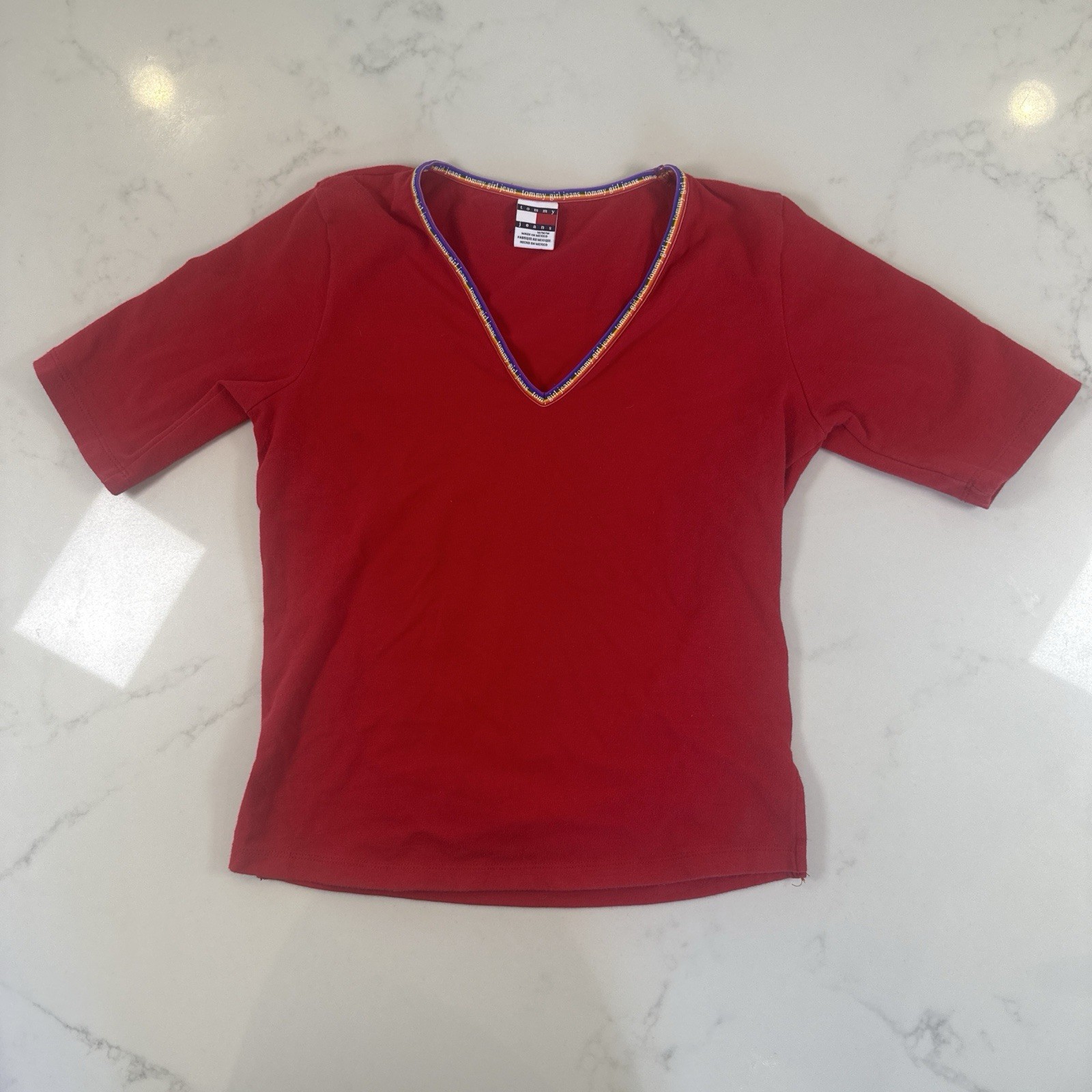Vintage 2001 Tommy Jeans Tommy Girl Red V-Neck T-Shirt Women’s Size M Y2K